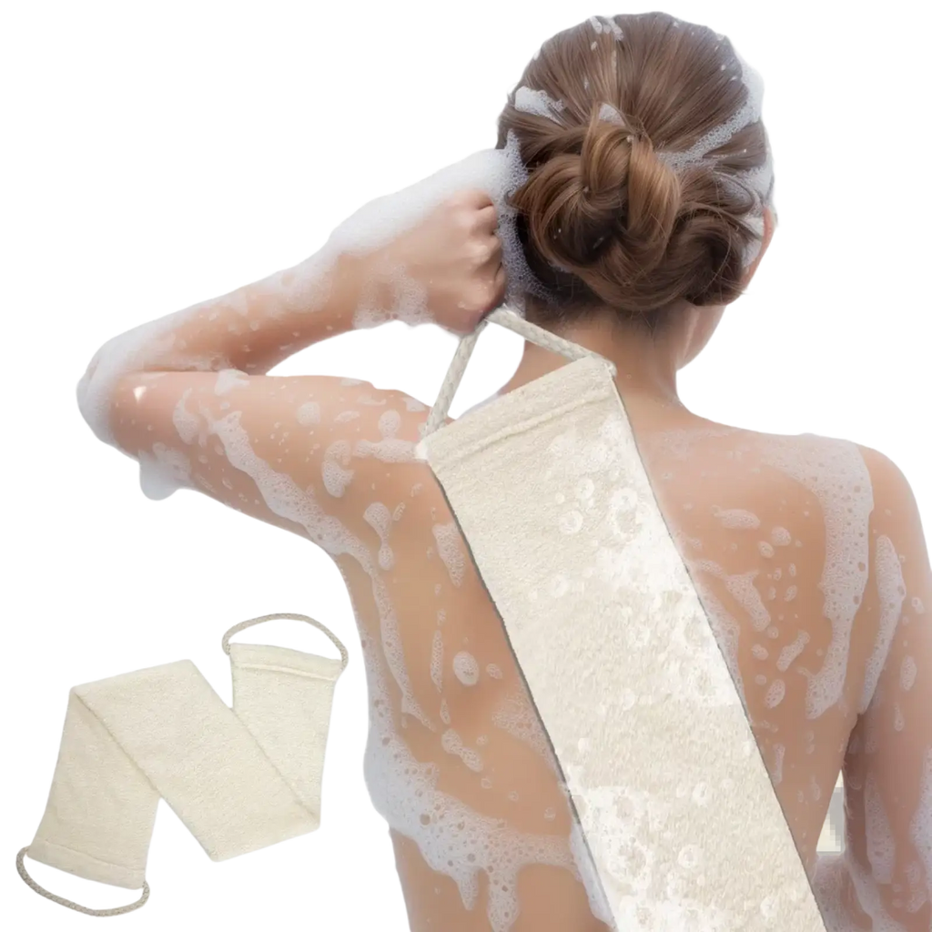 Premium bamboo fiber exfoliating back scrubber towel in cream color with textured fabric and looped handles for easy grip