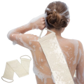 Premium bamboo fiber exfoliating back scrubber towel in cream color with textured fabric and looped handles for easy grip