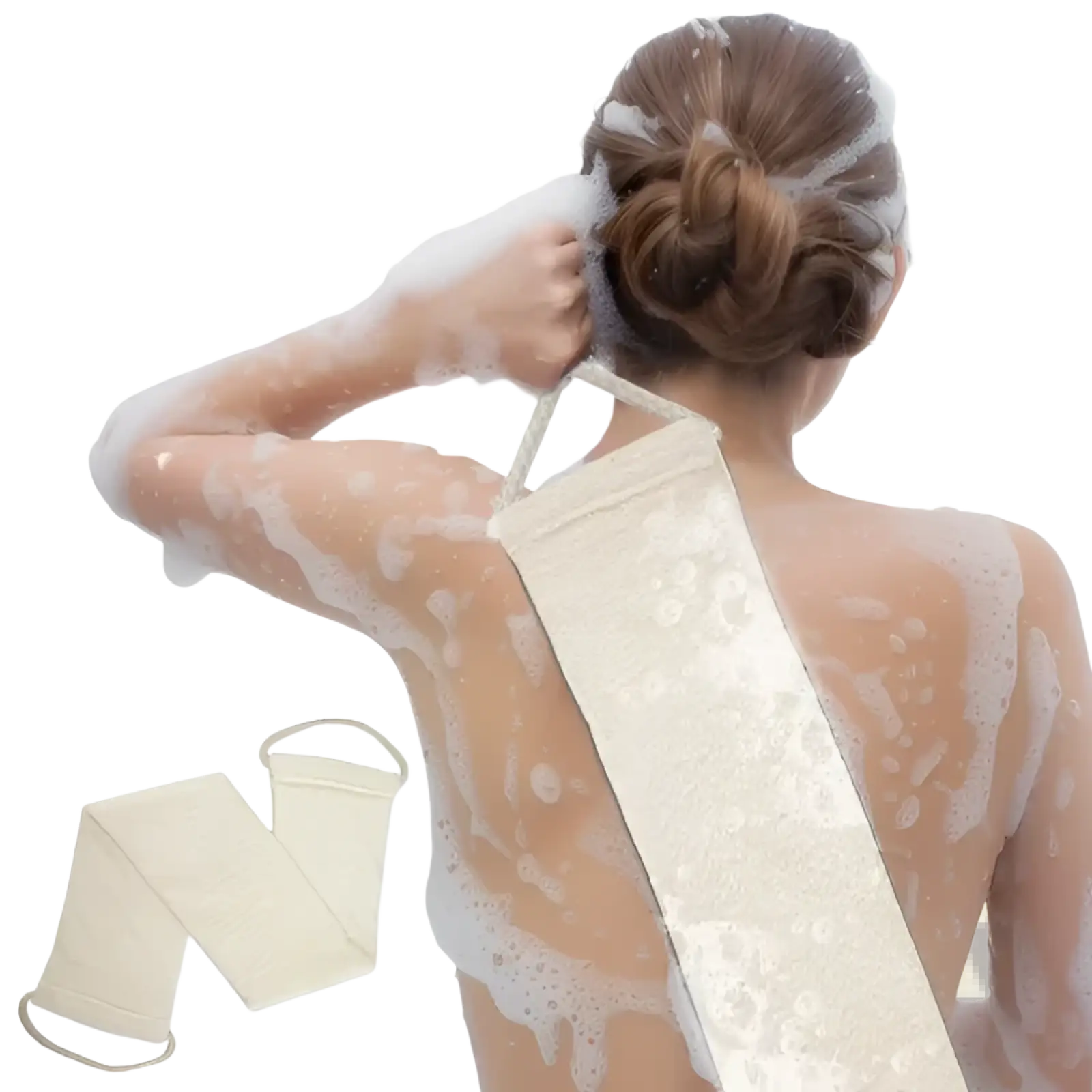 Premium bamboo fiber exfoliating back scrubber towel cream-colored textured loofah body scrubber with looped handle