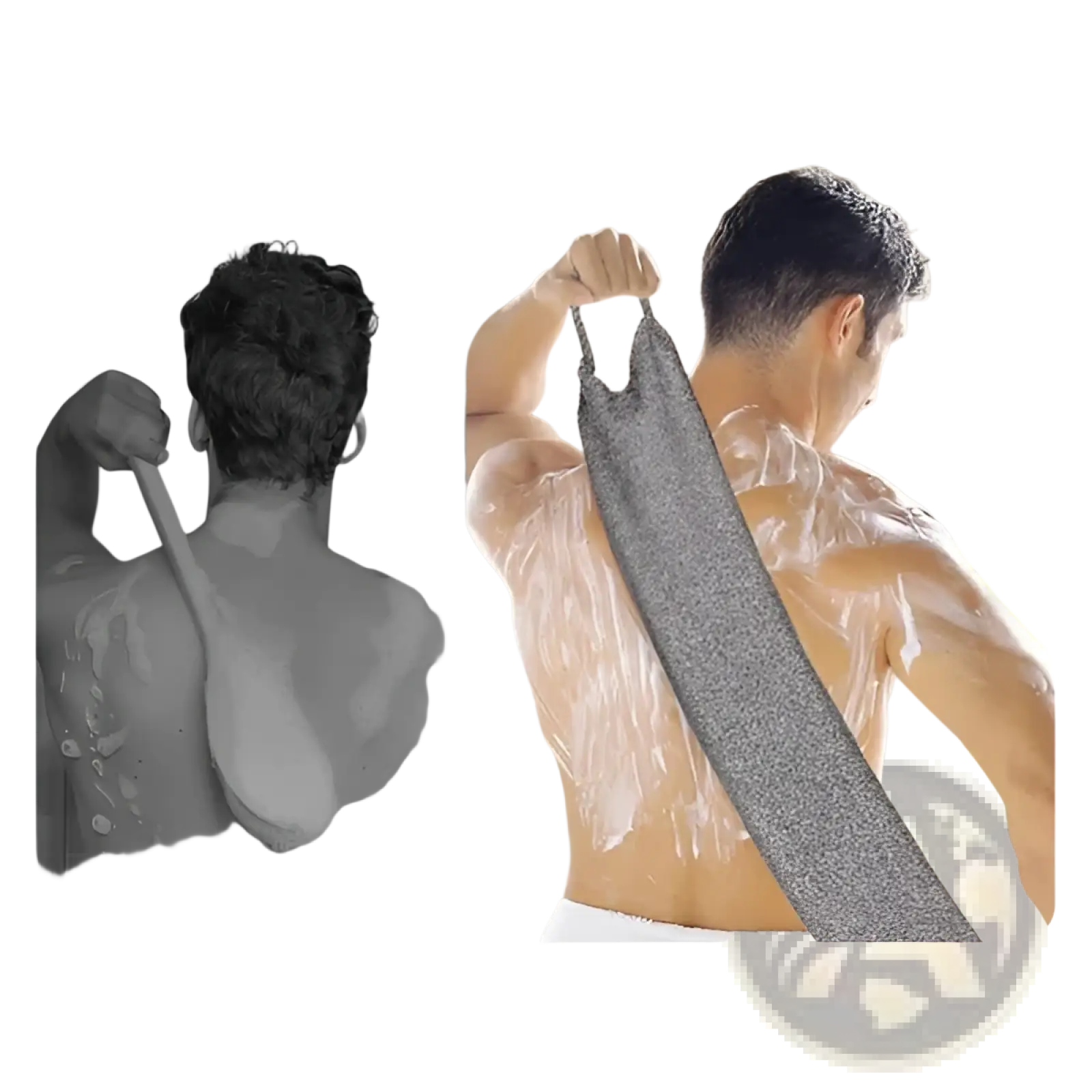 Gray textured premium bamboo fiber exfoliating shower sponge belt shown from the back for full back coverage
