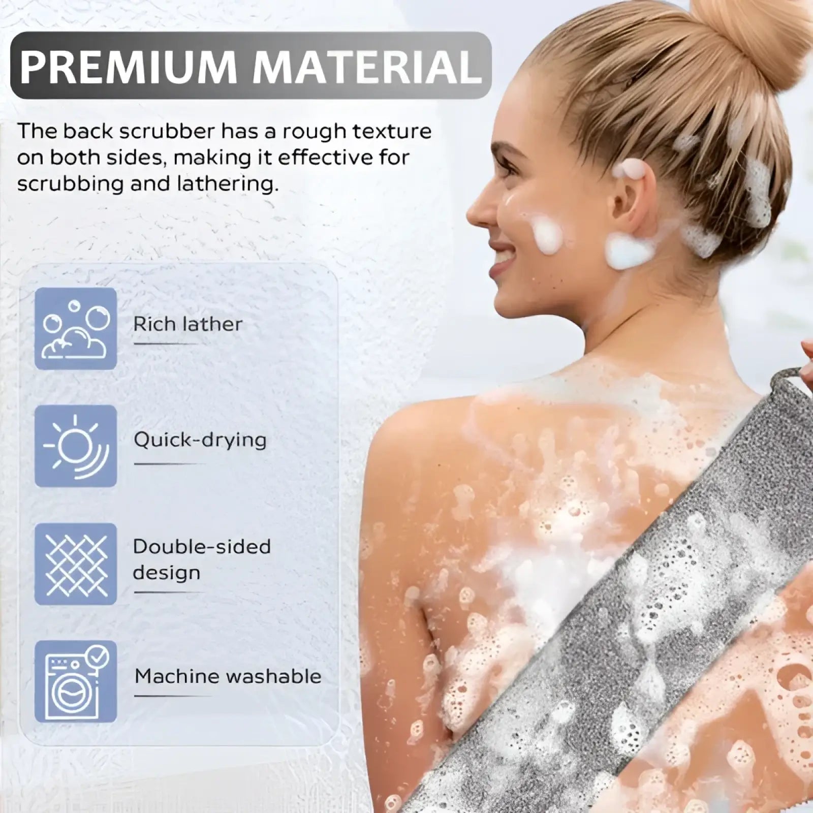 Gray double-sided back scrubber towel made of premium bamboo fiber with rough texture for effective lathering and quick-drying