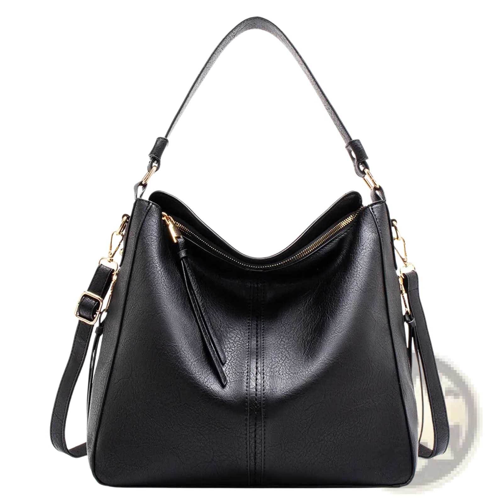 Black leather hobo crossbody bag with gold-tone zipper and hardware for premium stylish use