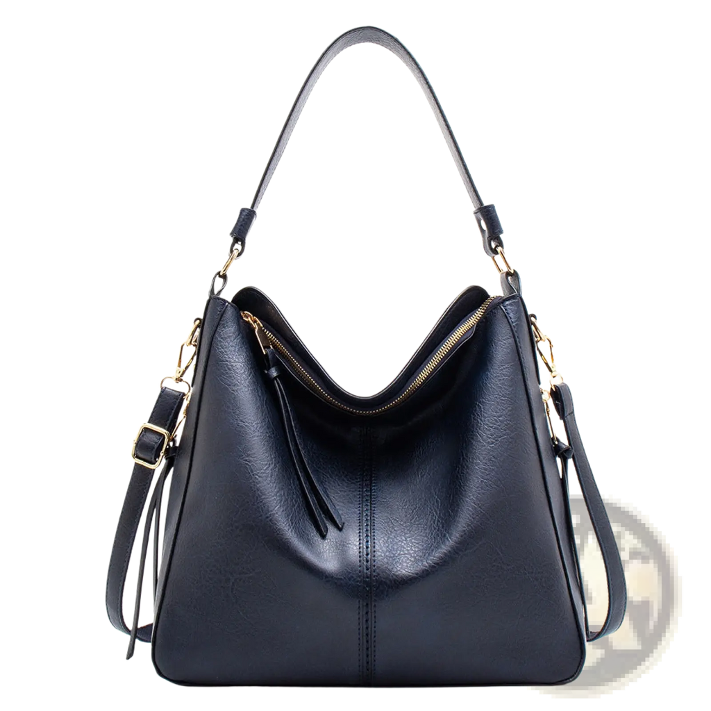 Black leather hobo bag with gold-tone hardware and tassel zipper pull, premium crossbody design