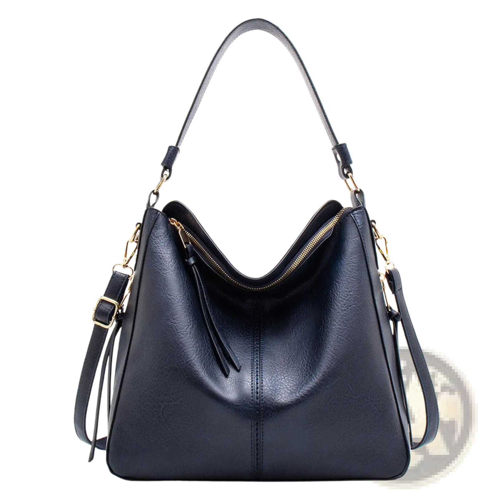 Black leather hobo bag with gold-tone hardware and tassel zipper pull, premium crossbody design