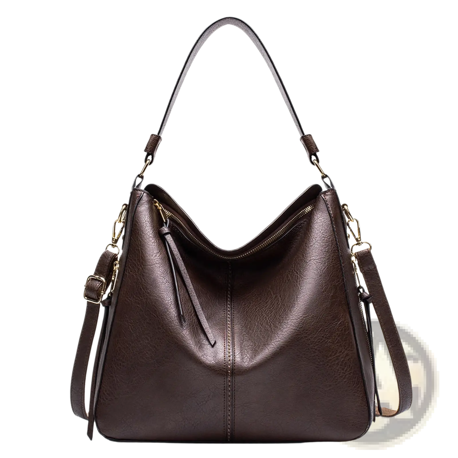Premium brown leather hobo crossbody bag with gold-tone hardware and detachable shoulder strap
