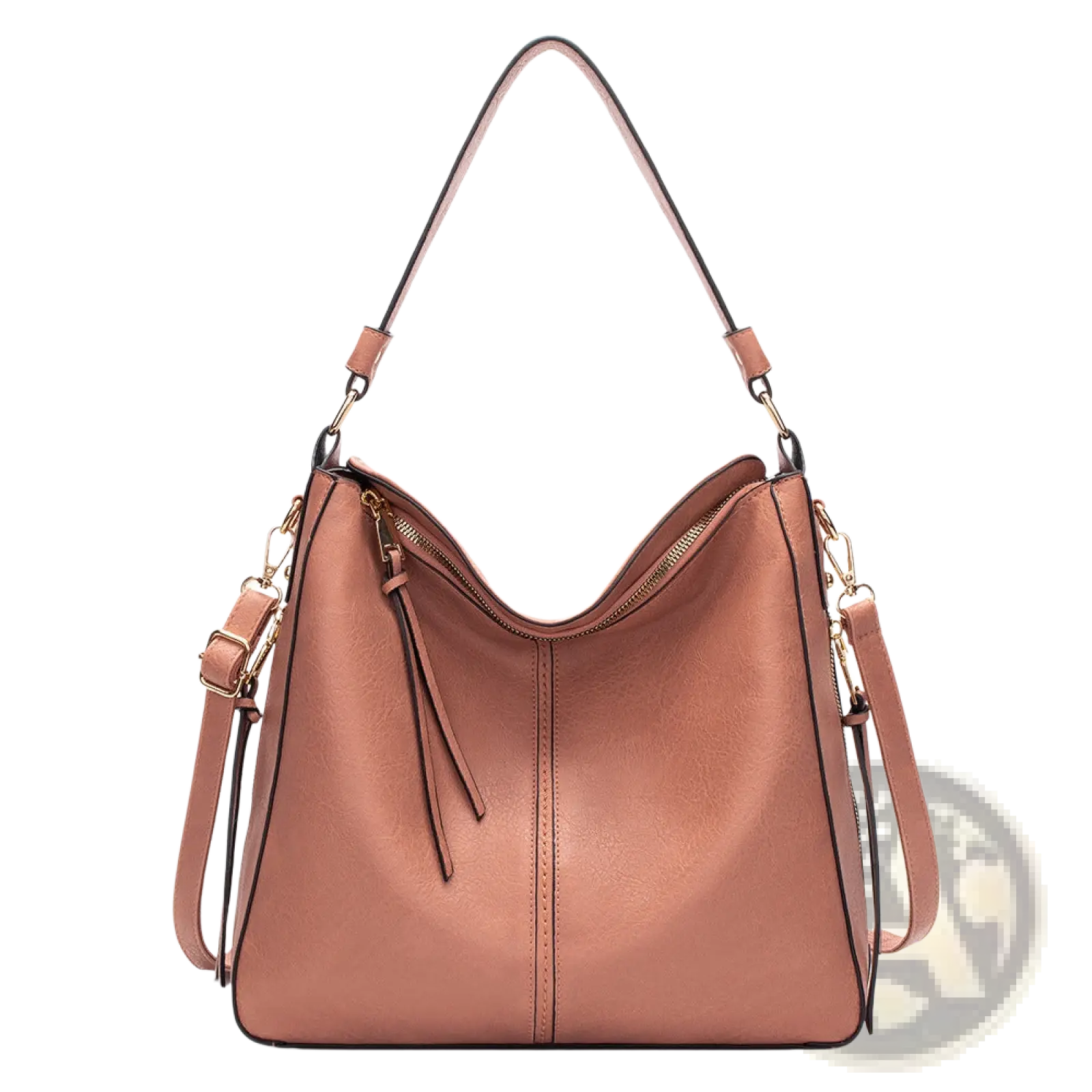 A soft rose gold leather hobo crossbody bag with curved top, dual straps, and zipper closures with gold hardware