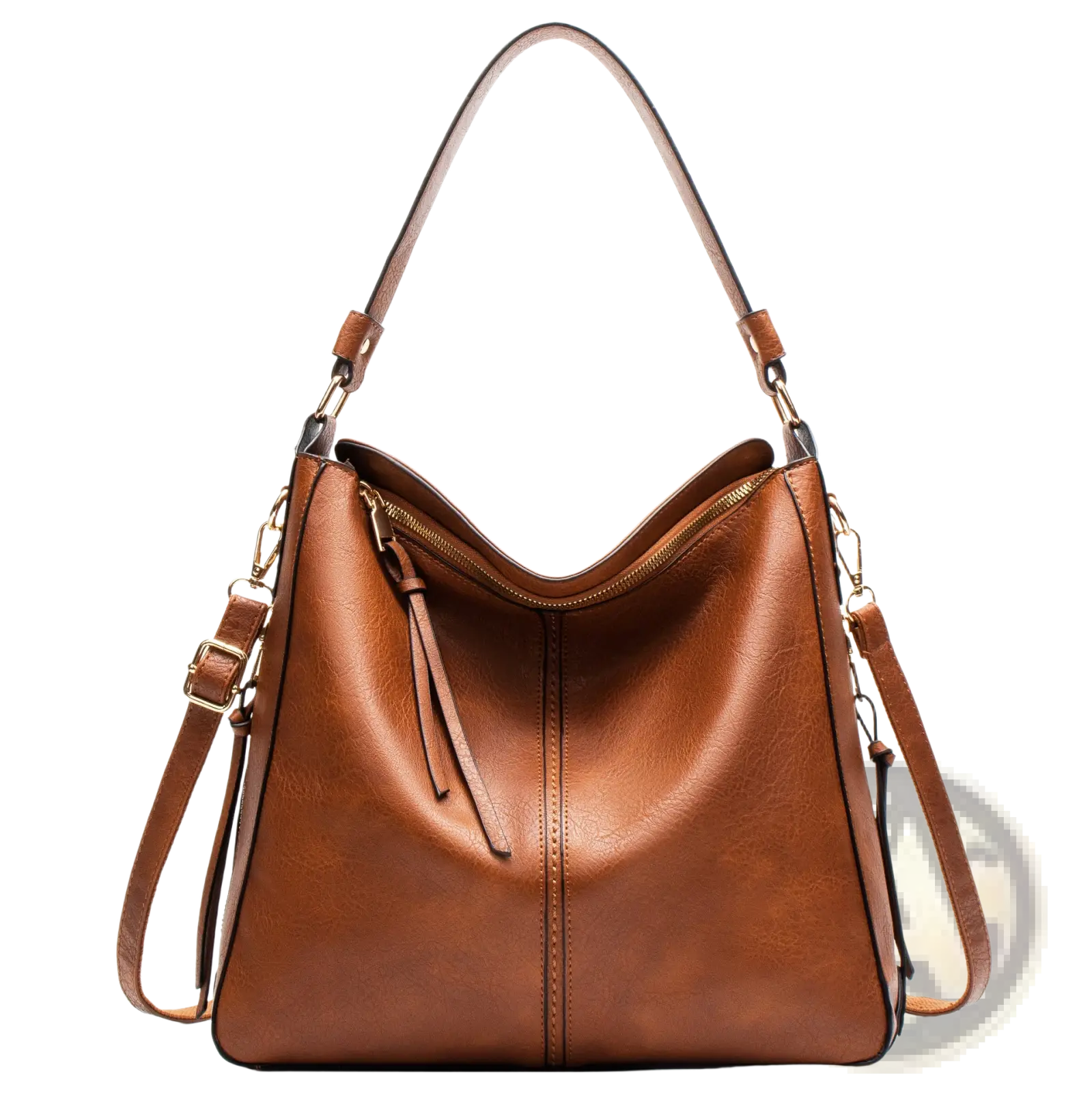 Premium brown leather hobo crossbody bag with a single shoulder strap and gold-tone hardware accents