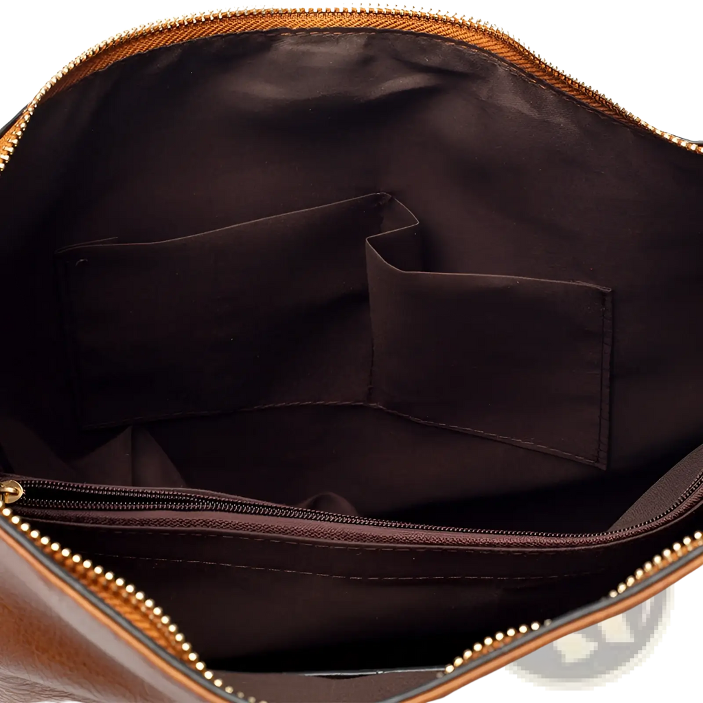 Premium brown leather hobo crossbody bag with gold hardware featuring a zippered main compartment and two interior pockets