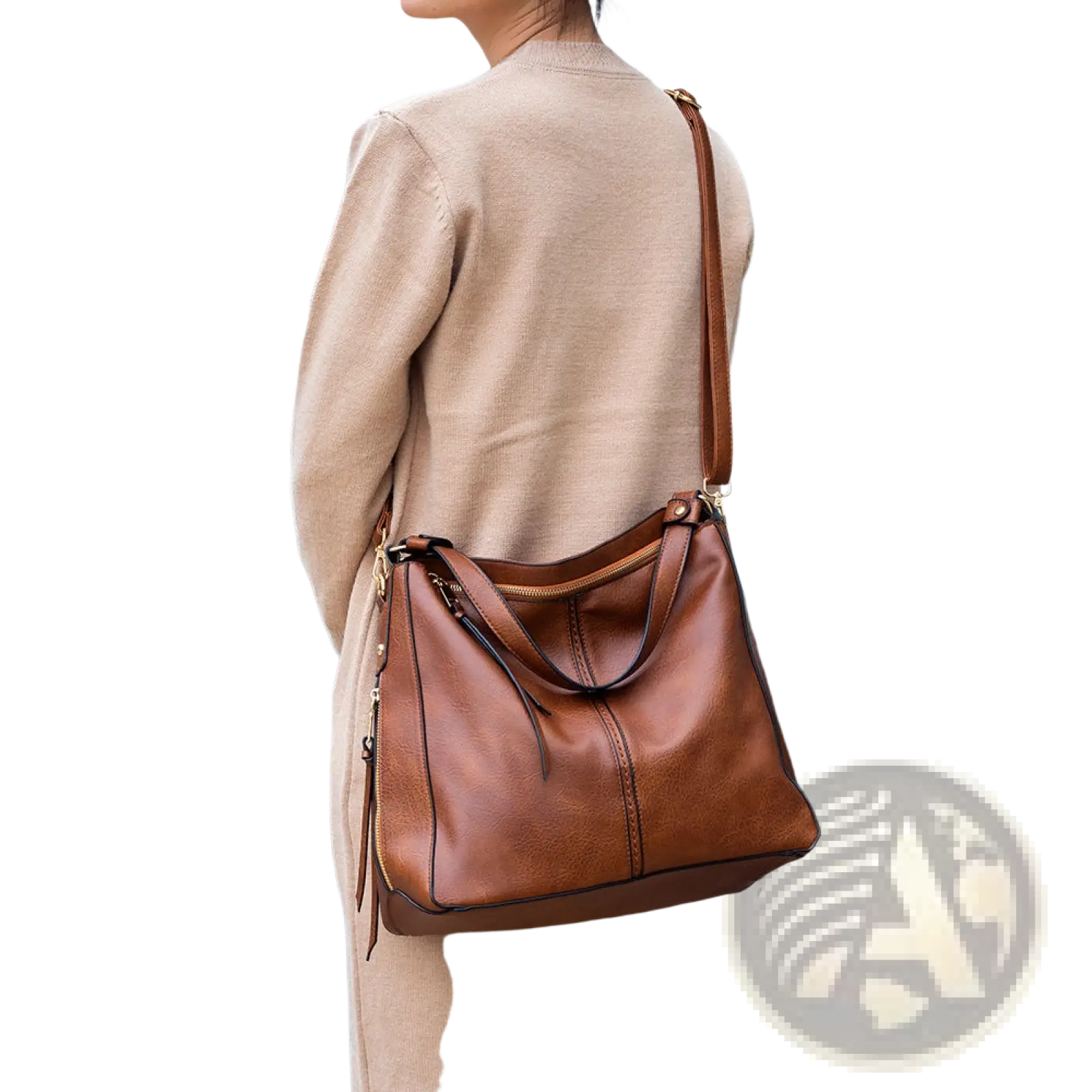 Premium brown leather hobo crossbody bag with textured surface and gold tone hardware for stylish use
