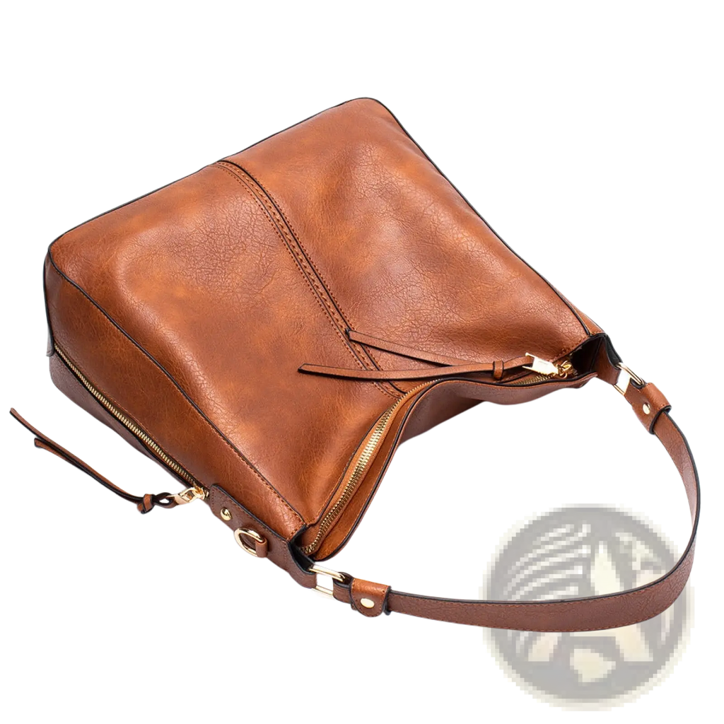 Premium brown leather hobo crossbody bag with gold-tone zipper and adjustable strap shown from the back side