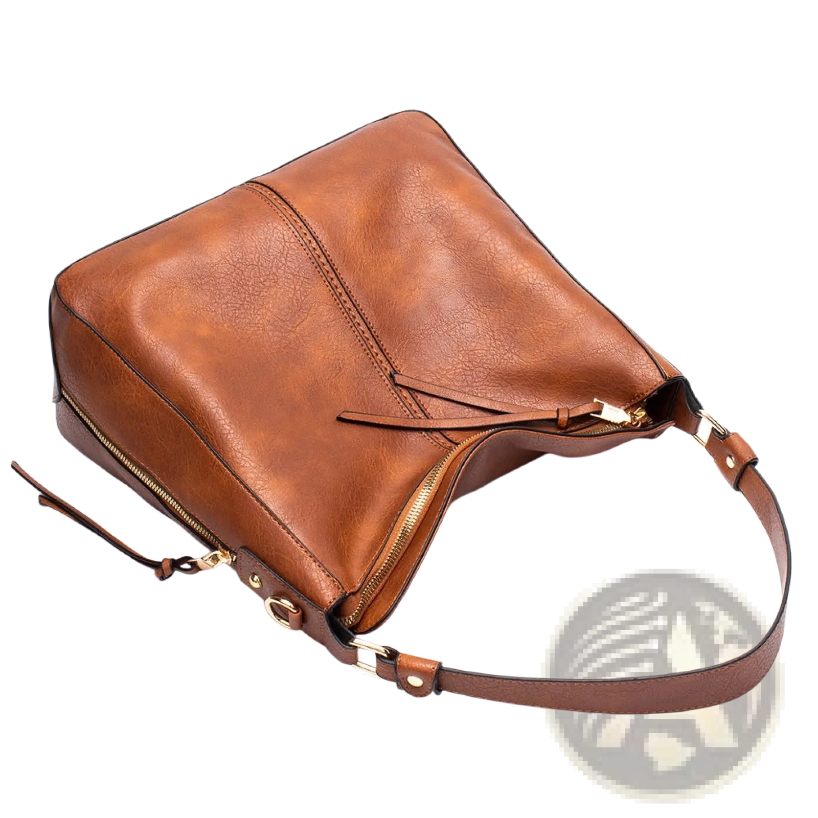Premium brown leather hobo crossbody bag with gold-tone zipper and adjustable strap shown from the back side