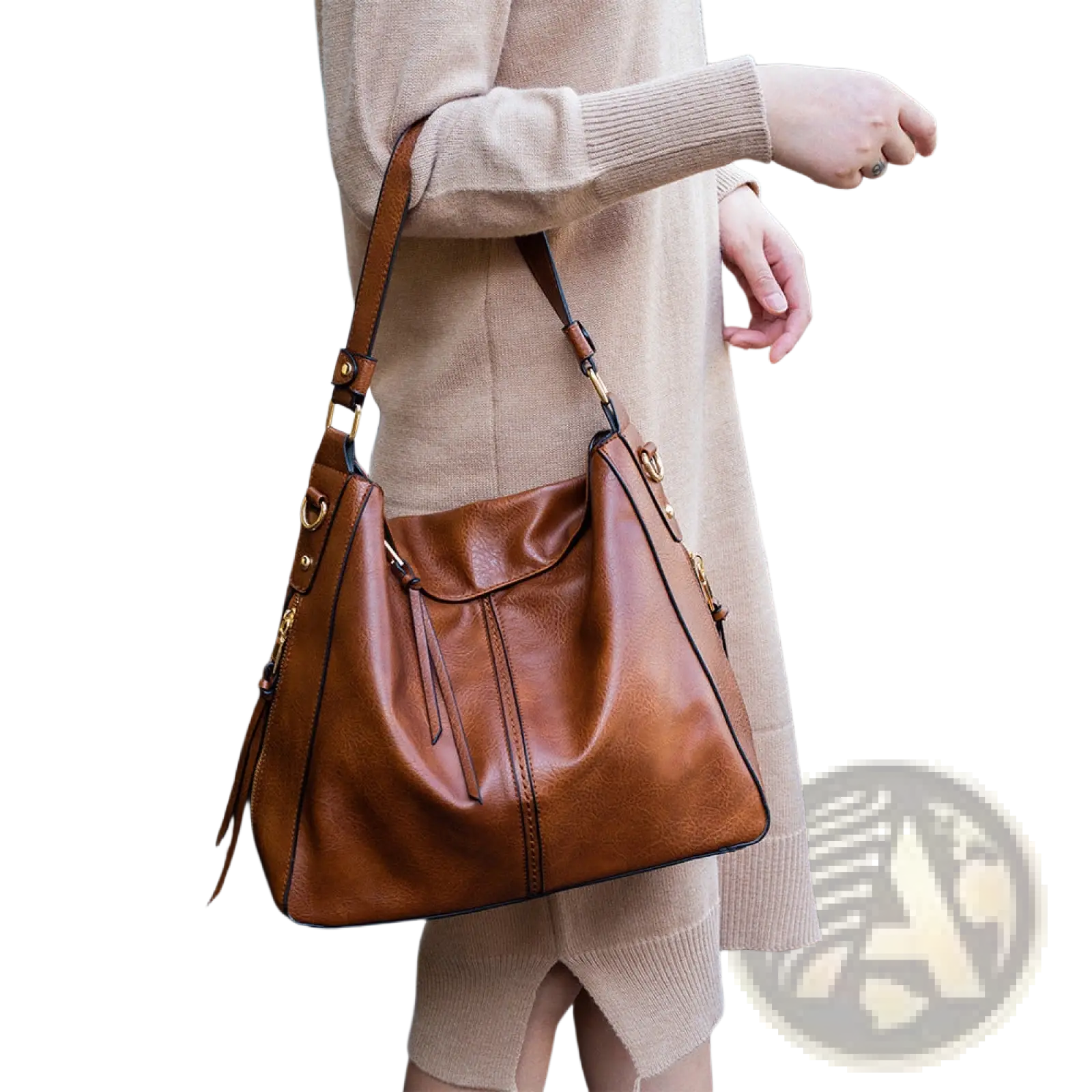 Premium brown leather hobo crossbody bag with gold hardware featuring a flap closure and shoulder strap
