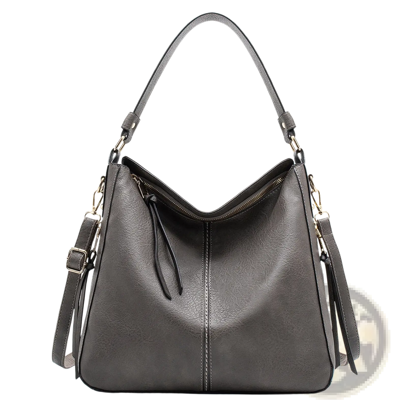 Premium brown leather hobo crossbody bag with gold hardware and dark gray leather single top handle and detachable strap