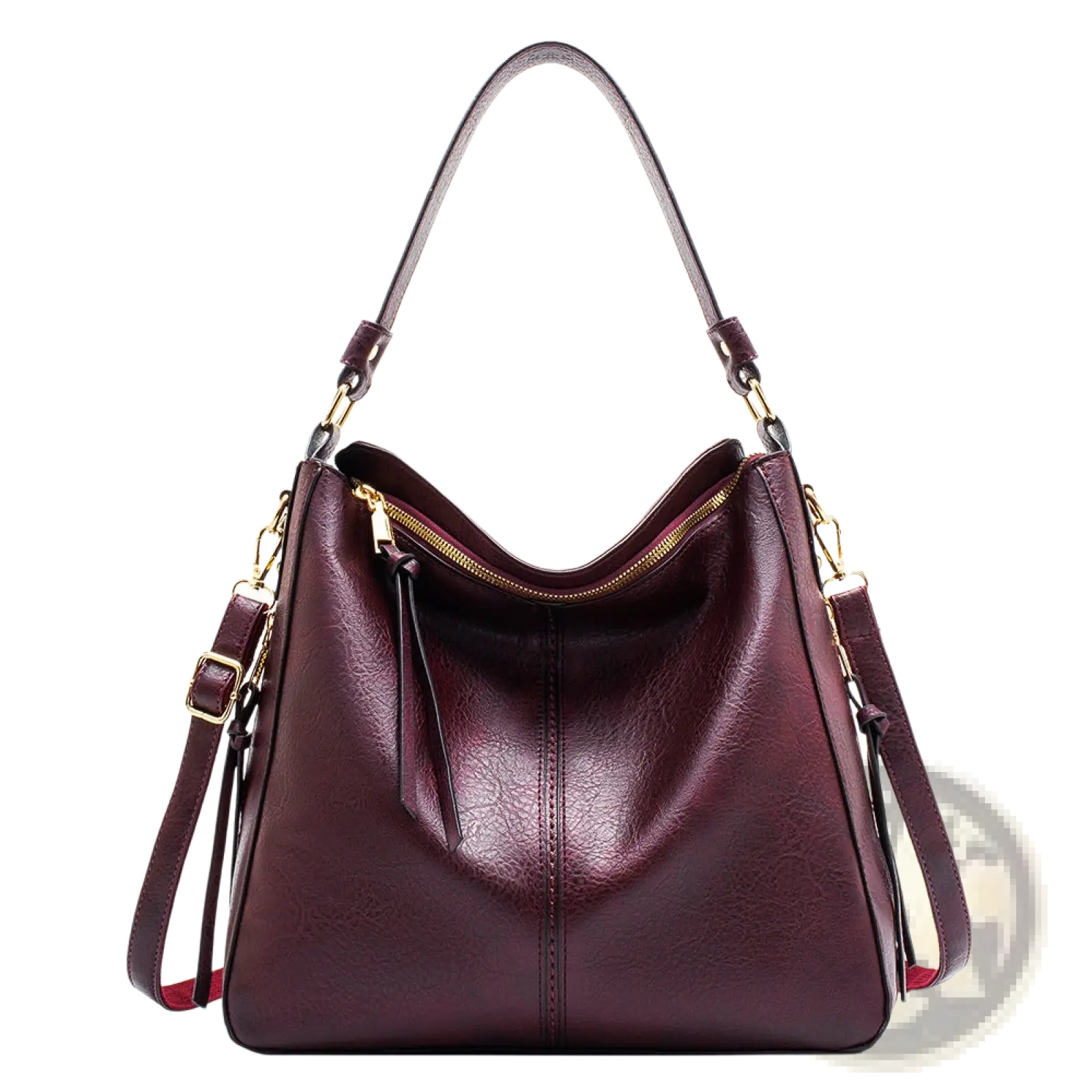Premium brown leather hobo crossbody bag in rich burgundy with gold-tone hardware and detachable shoulder strap