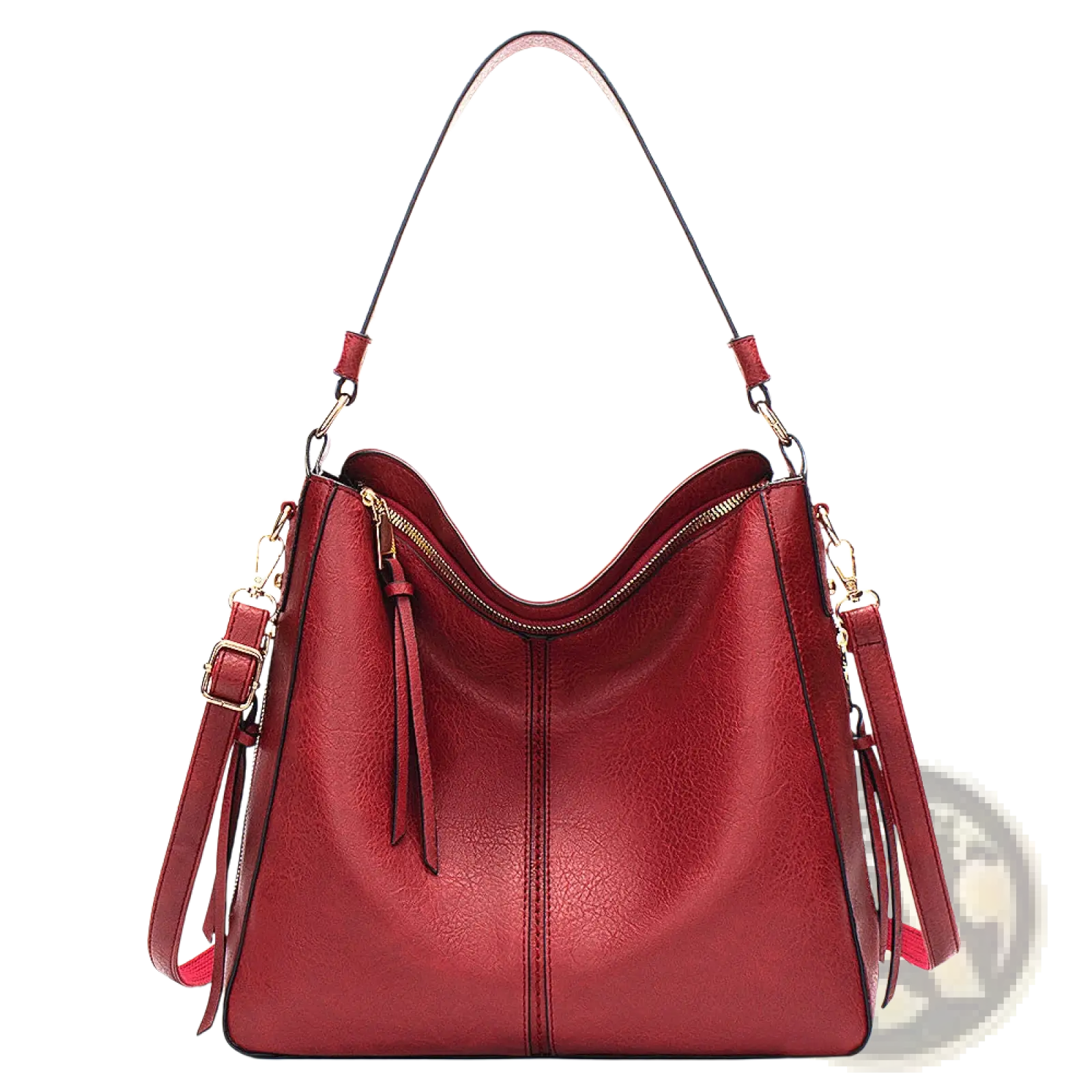 Red leather shoulder bag with gold-tone hardware and detachable strap, premium brown leather hobo crossbody bag design