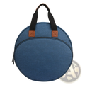 Blue circular cooler bag with black handles and brown leather accents for premium embroidery and craft tool storage