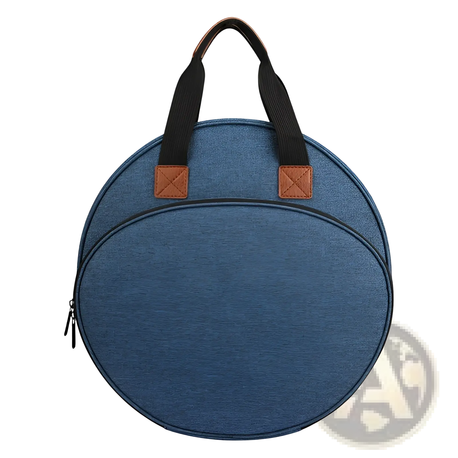 Blue circular cooler bag with black handles and brown leather accents for premium embroidery and craft tool storage