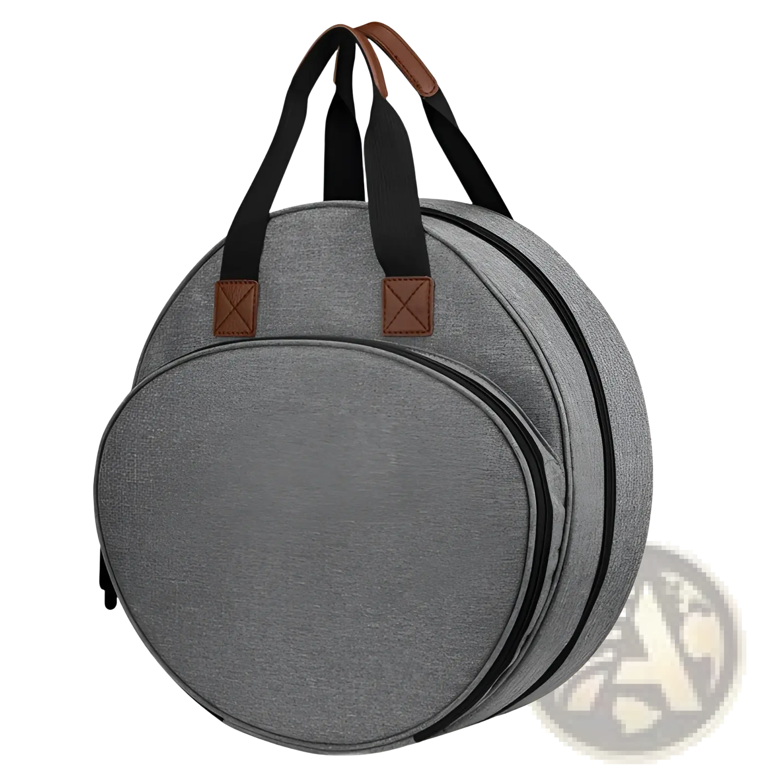 Premium circular embroidery and craft tool storage tote in gray with black zippers and brown leather handle accents