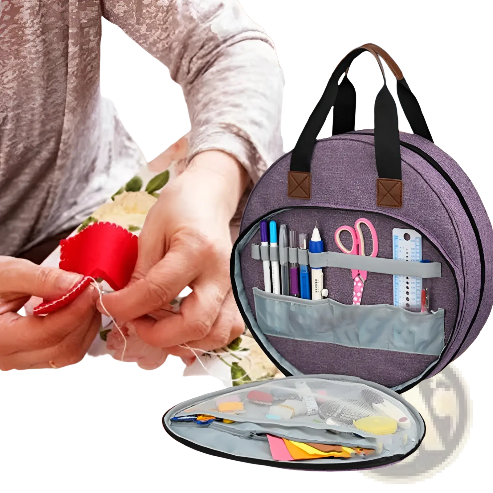 Premium circular embroidery and craft tool storage tote in purple with black handles and brown leather accents holding supplies