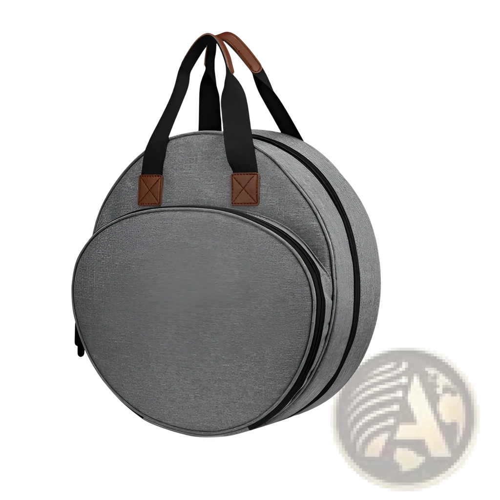 Gray circular guitar case with black zippers and brown leather handles for premium embroidery and craft tool storage tote