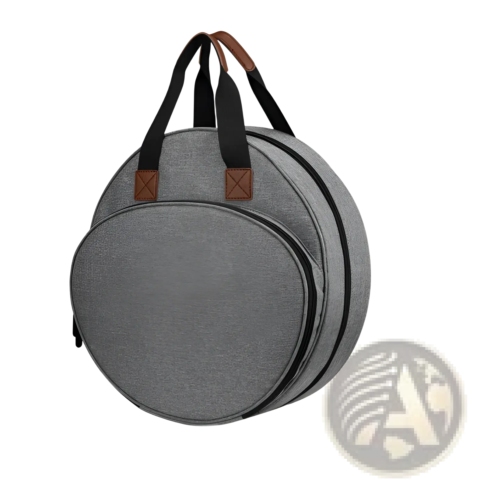 Gray circular guitar case with black zippers and brown leather handles for premium embroidery and craft tool storage tote