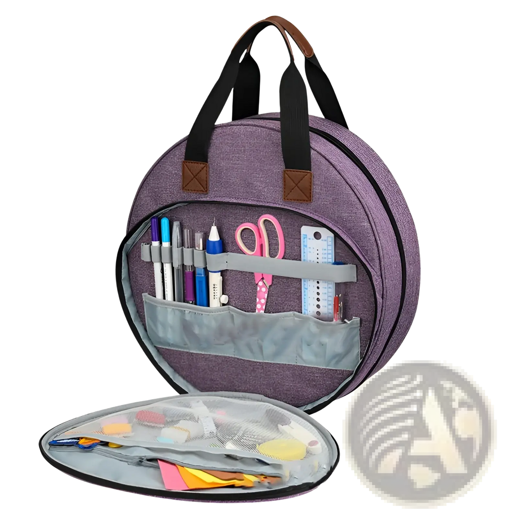 Premium circular embroidery and craft tool storage tote purple with black handles and brown leather accents holding supplies