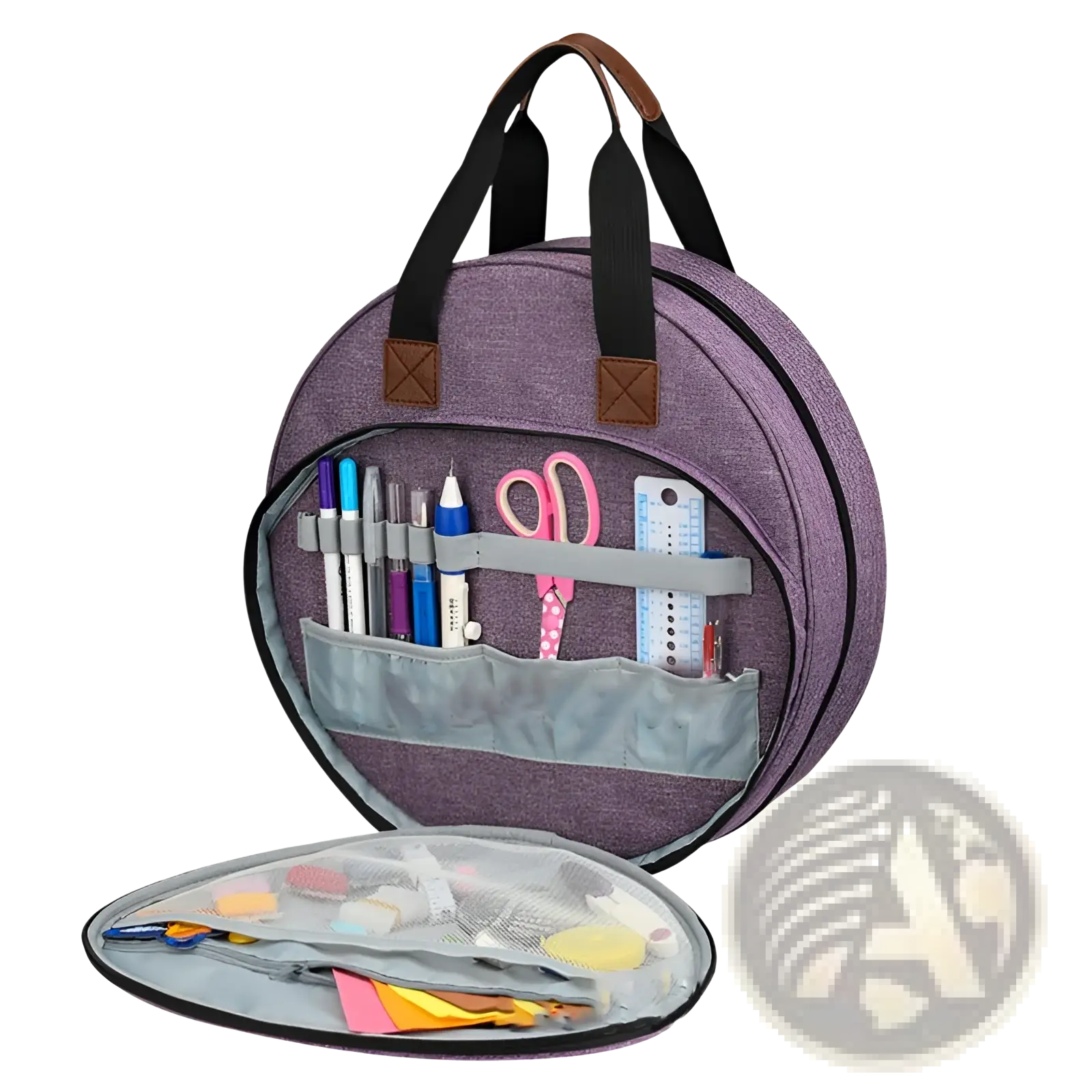 Premium circular embroidery and craft tool storage tote purple with black handles and brown leather accents holding supplies
