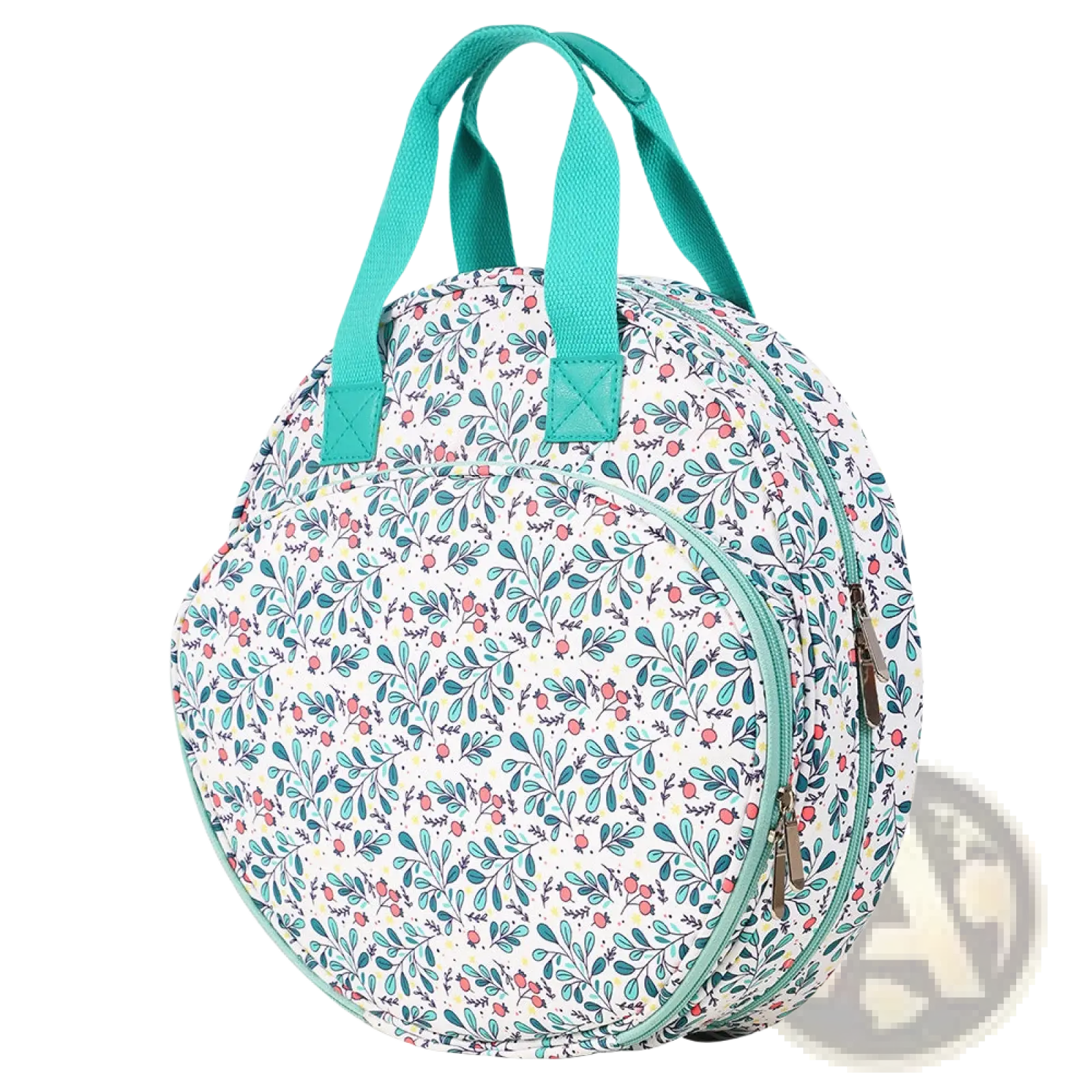 Premium circular embroidery and craft tool storage tote white insulated lunch bag with teal and pink floral pattern and handles