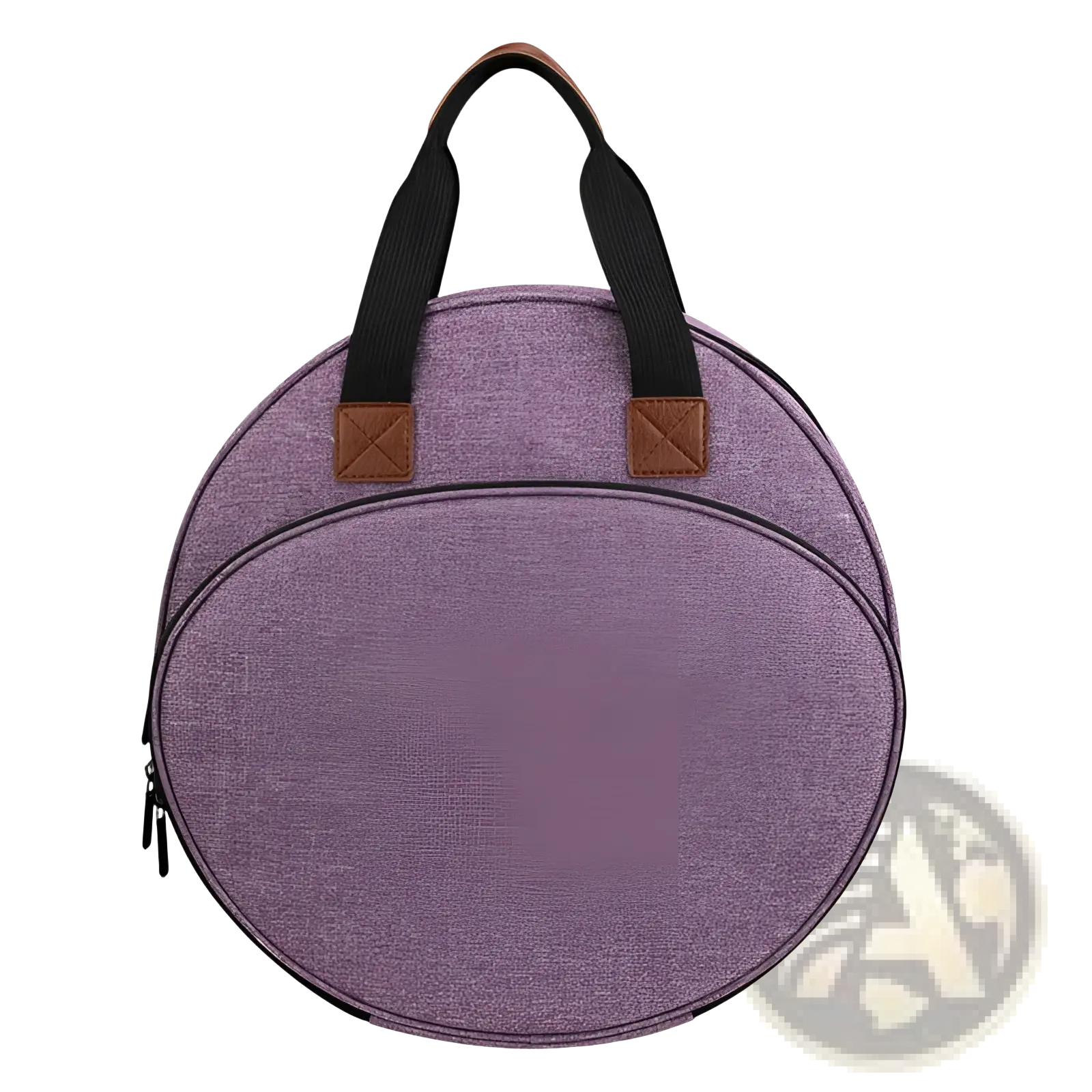 Premium circular embroidery and craft tool storage tote in purple fabric with black and brown leather accents