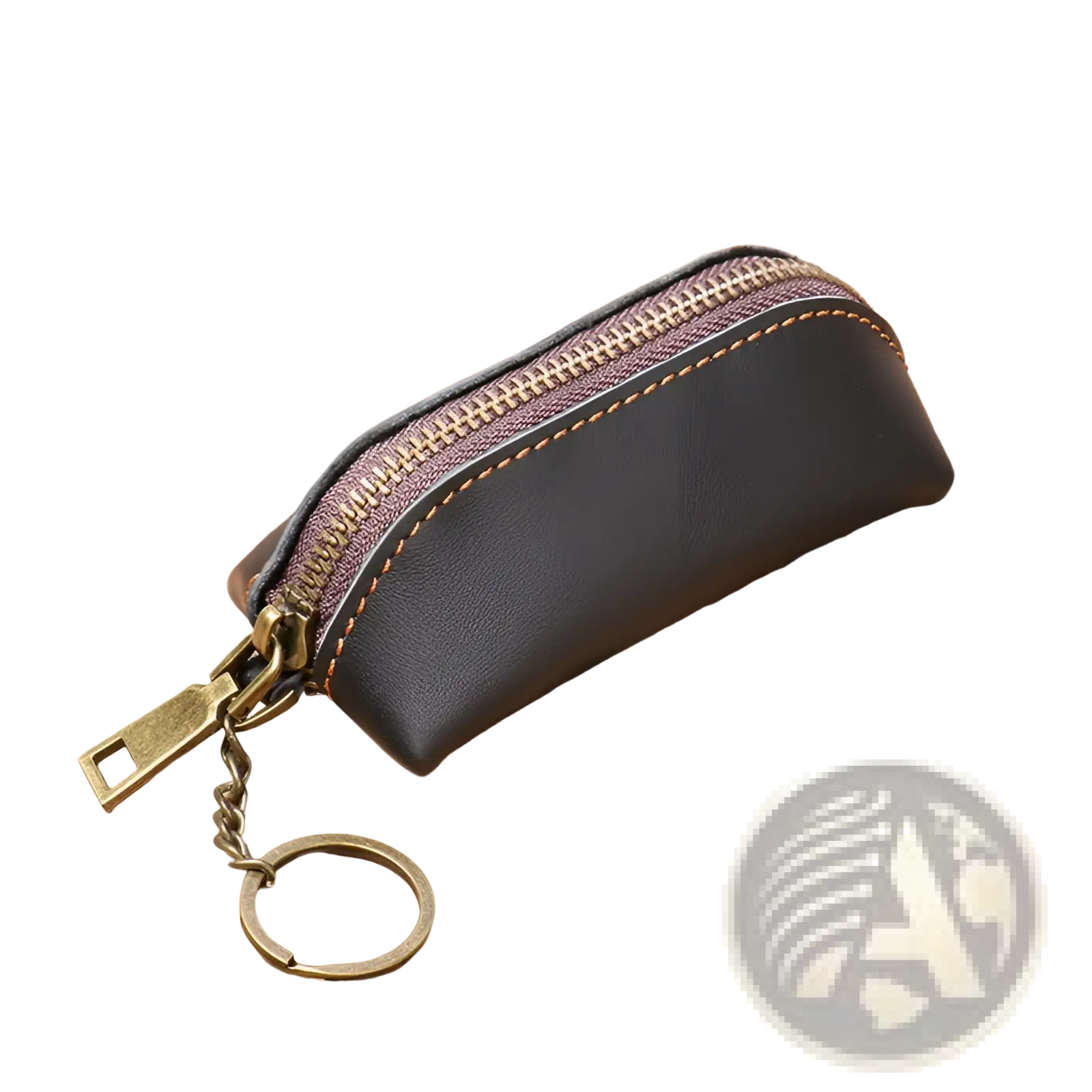 Premium cowhide leather black keychain pouch with brass zipper and matching metal ring for keys and coins