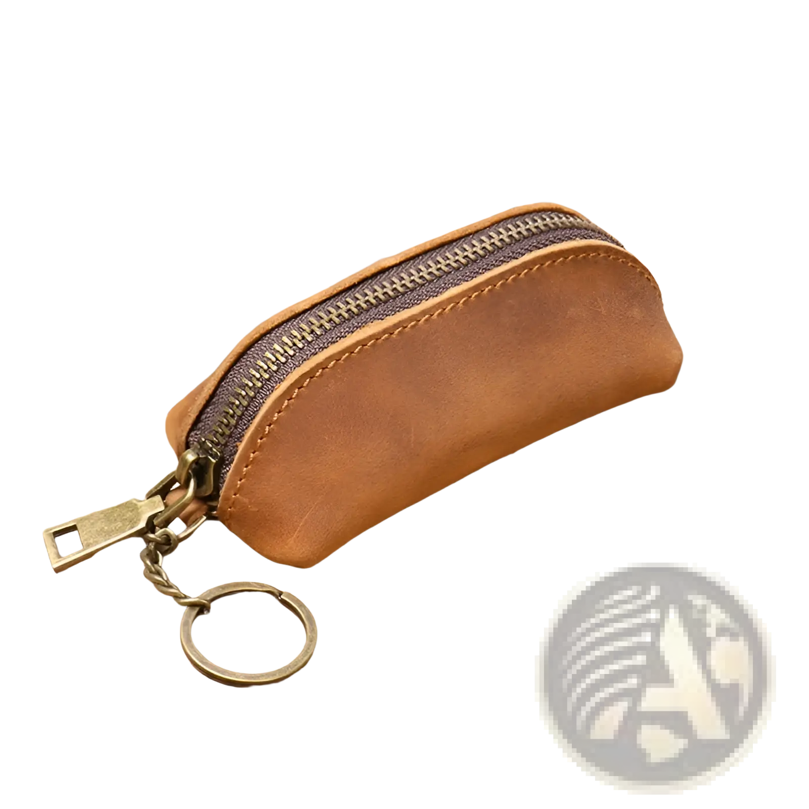 Premium cowhide leather multi-functional key and coin pouch in tan with a dark zipper and brass hardware