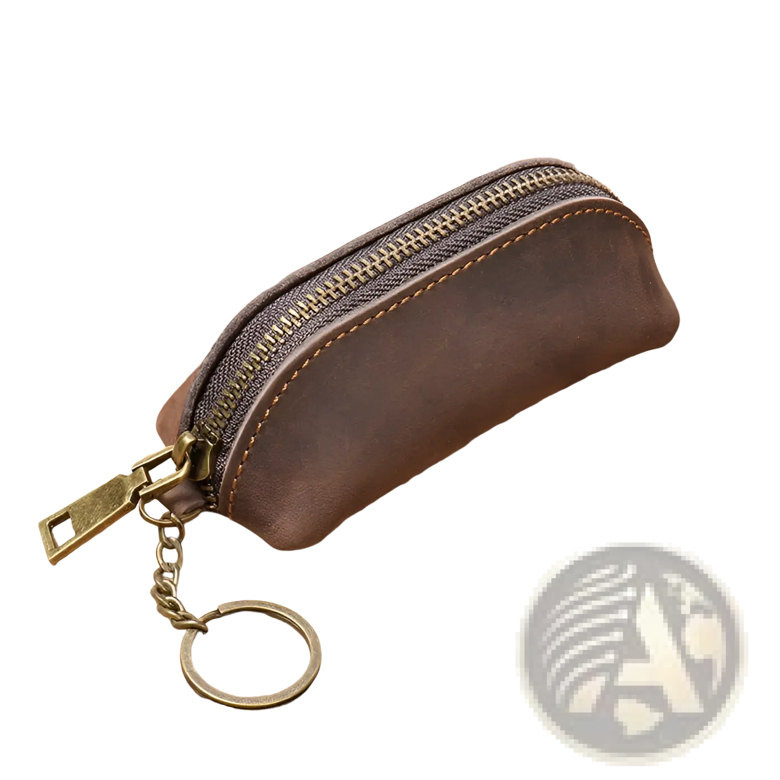 Premium brown cowhide leather key and coin pouch with brass zipper and matching metal key ring