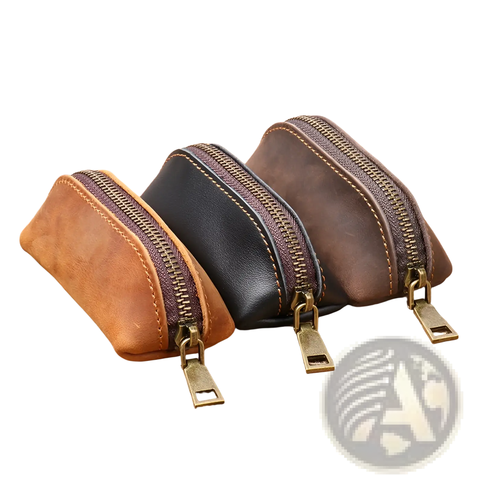 Premium cowhide leather multi-functional key and coin pouches in tan black and dark brown with brass zippers