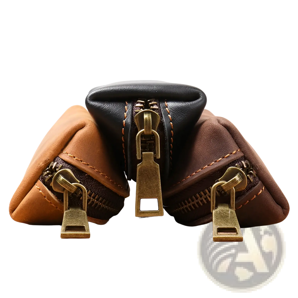 Premium cowhide leather multi-functional key and coin pouch in black with brass zipper pulls and tan stitching