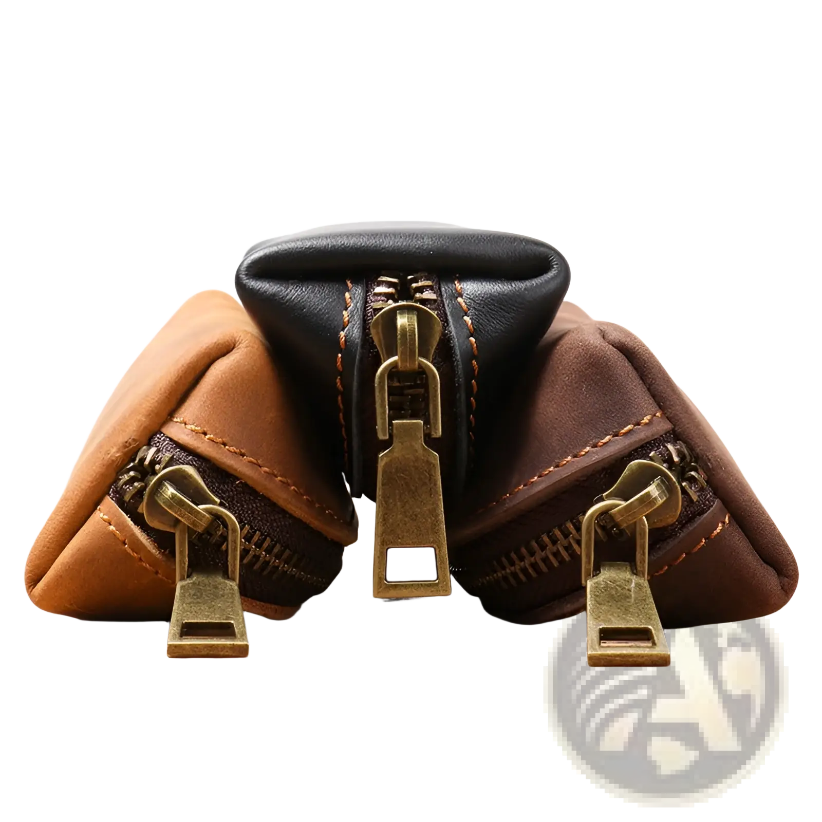 Premium cowhide leather multi-functional key and coin pouch in black with brass zipper pulls and tan stitching