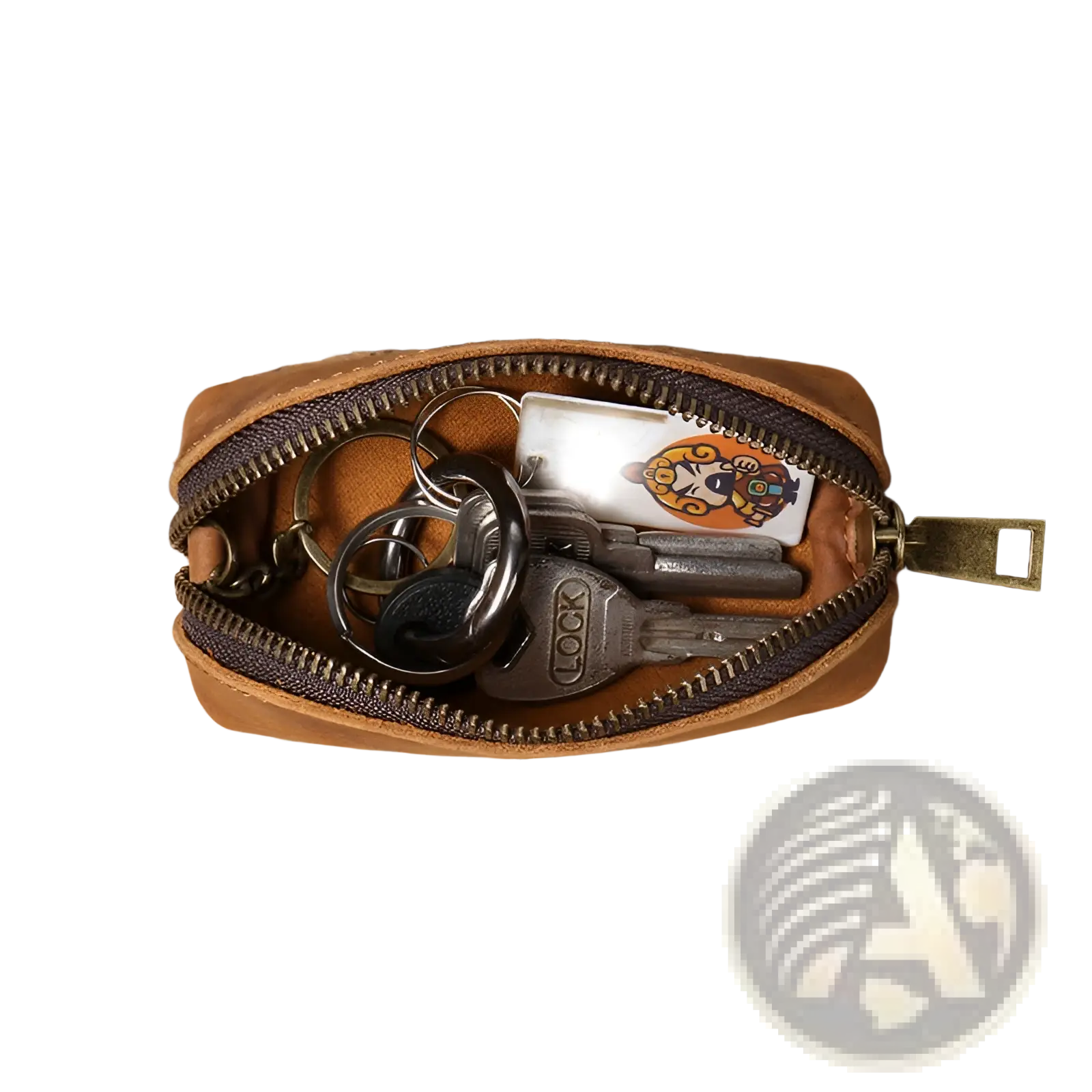 Premium cowhide leather tan key pouch with dark brown zipper and brass pull containing keys and an illustrated card