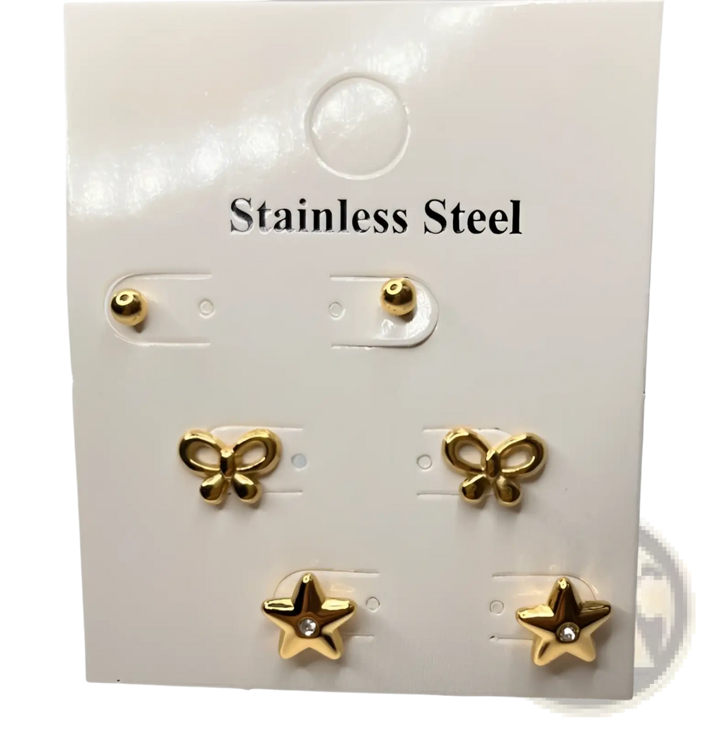 Premium gold plated crystal and shell stud earring set with gold-toned stainless steel bow and star designs, one star with clear gemstone