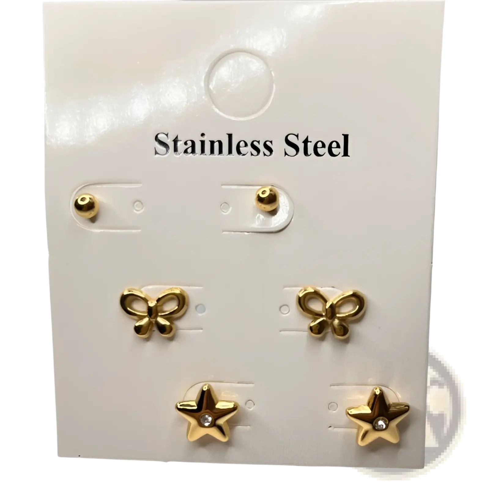 Premium gold plated crystal and shell stud earring set with gold-toned stainless steel bow and star designs, one star with clear gemstone