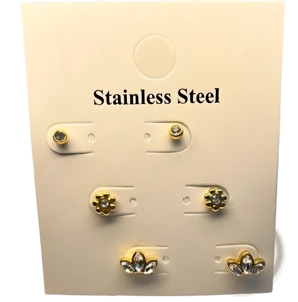Premium gold plated crystal and shell stud earrings in gold toned stainless steel with floral and leaf clear accents