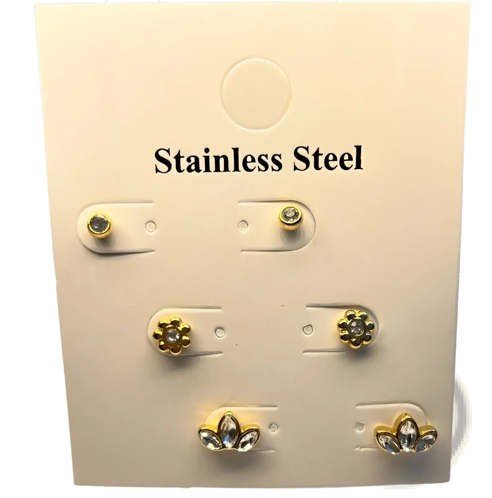 Premium gold plated crystal and shell stud earrings in gold toned stainless steel with floral and leaf clear accents