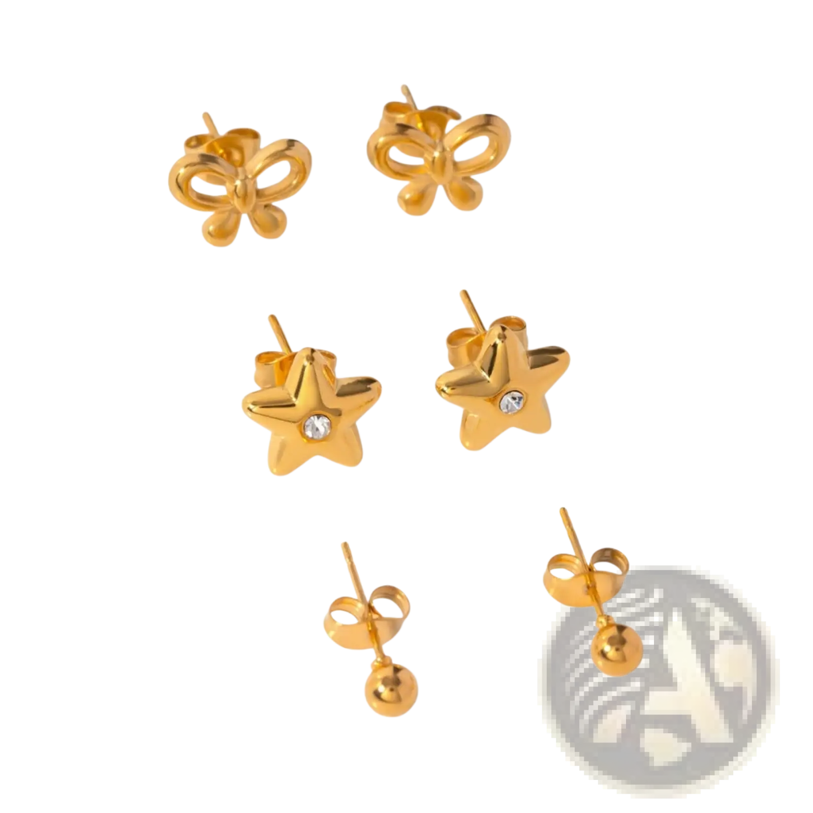 Premium gold plated crystal and shell stud earring set with gold-toned bow star gemstone and ball designs