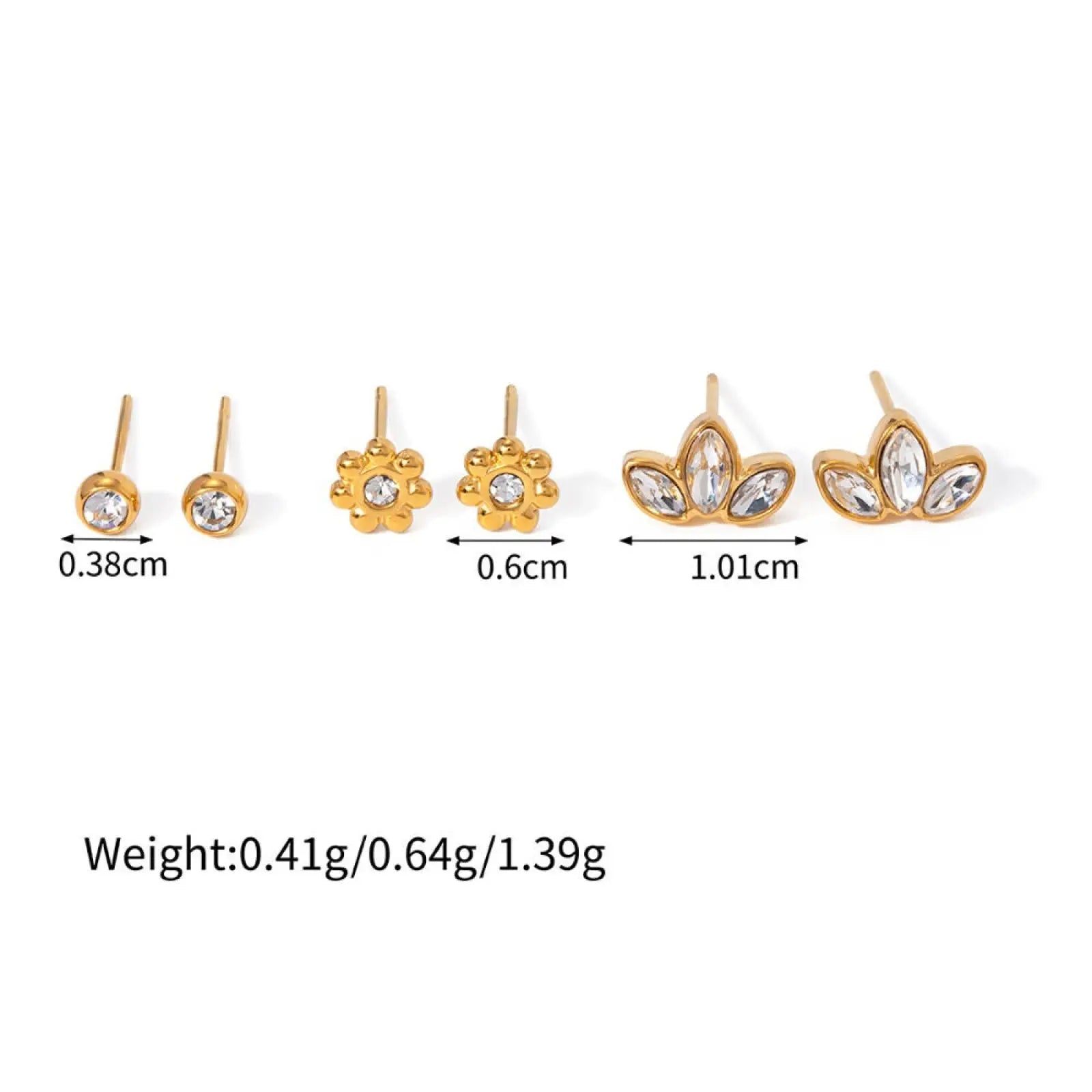 Premium gold plated crystal and shell stud earring set with gold toned clear crystal accents in circular flower and leaf designs