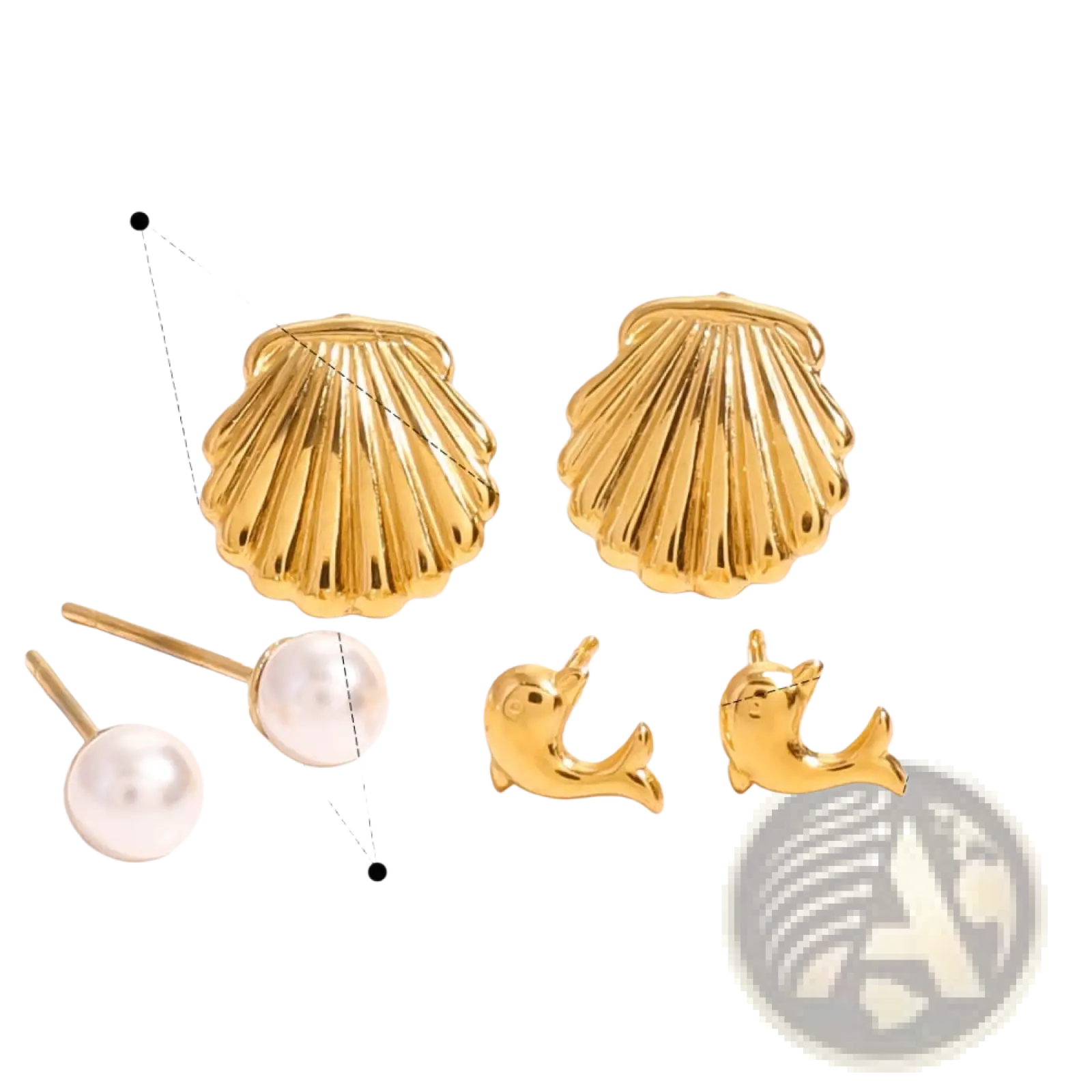 Premium gold plated shell stud earrings with shiny metallic finish and detailed natural ridges in a crystal set