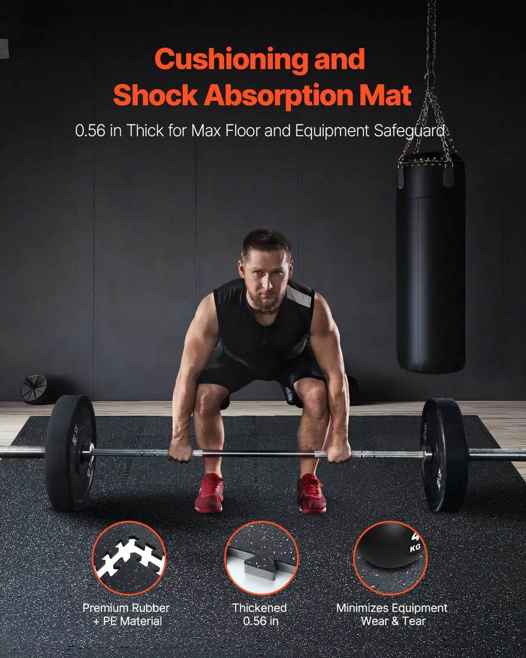 Black premium interlocking rubber and eva foam gym floor tile with 0.56-inch cushioning and shock absorption mat