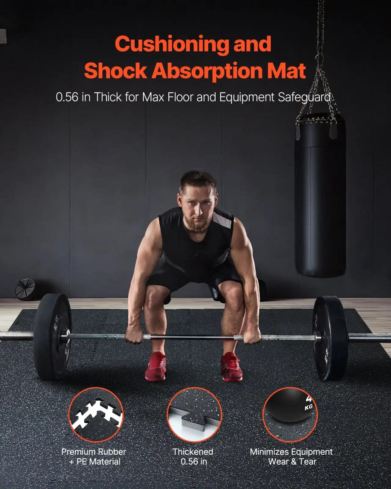 Black premium interlocking rubber and eva foam gym floor tile with 0.56-inch cushioning and shock absorption mat