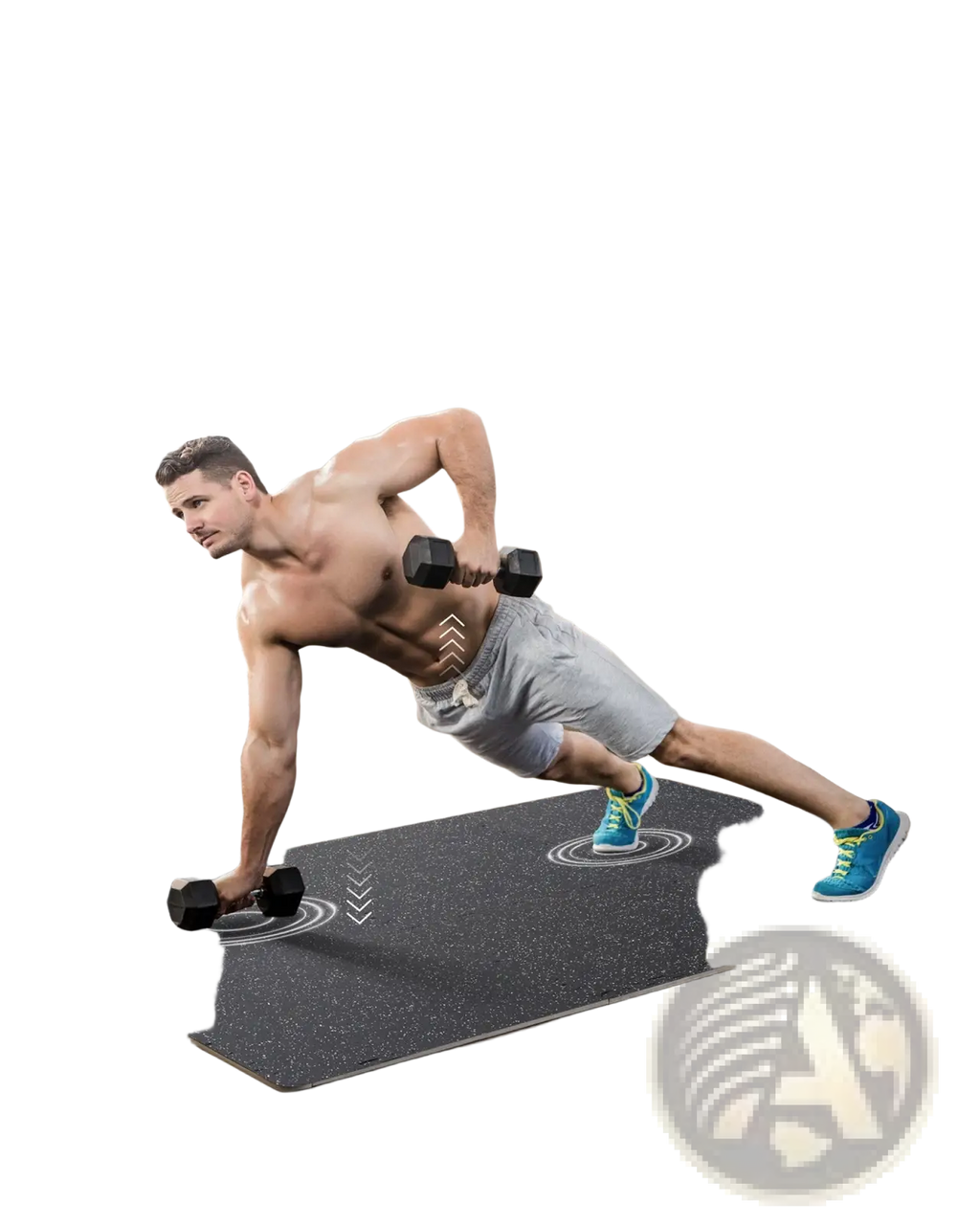 Black premium interlocking rubber and eva foam gym floor tiles with soundproofing textured surface and circular accents
