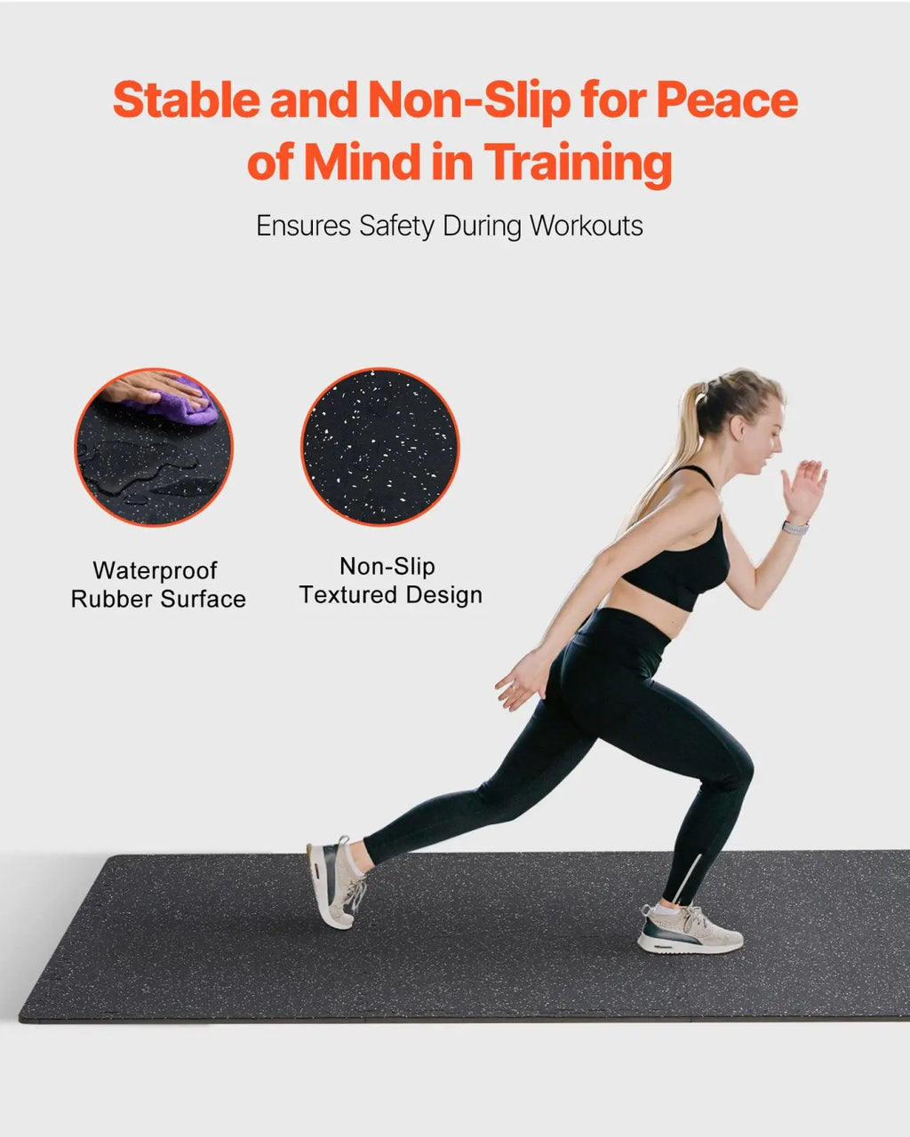 Black rubber exercise mat with textured non-slip surface for stability in premium interlocking rubber and Eva foam gym floor tiles