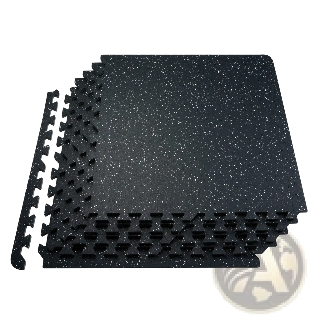 Black speckled premium interlocking rubber and eva foam gym floor tiles with durable edges for easy installation
