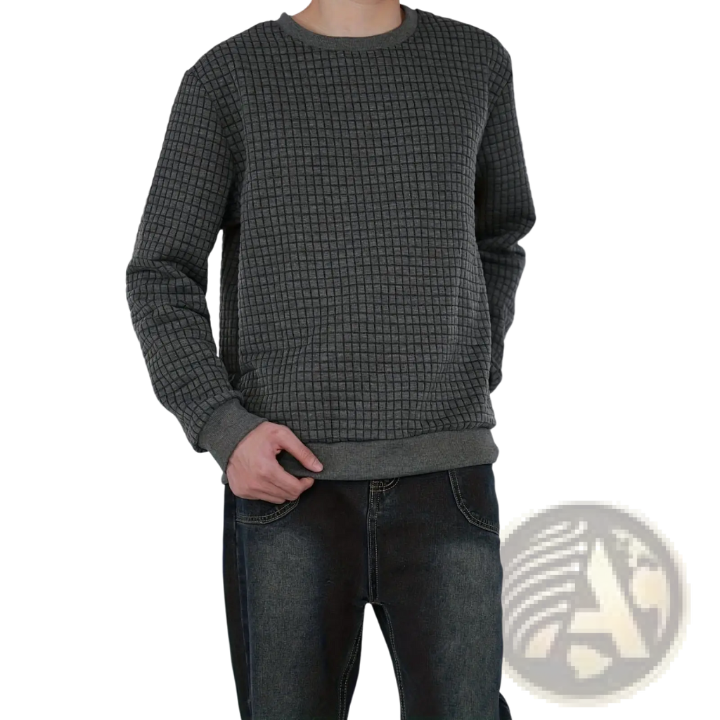 Premium jacquard knit round neck sweater for men and women in dark gray with quilted grid pattern and ribbed cuffs