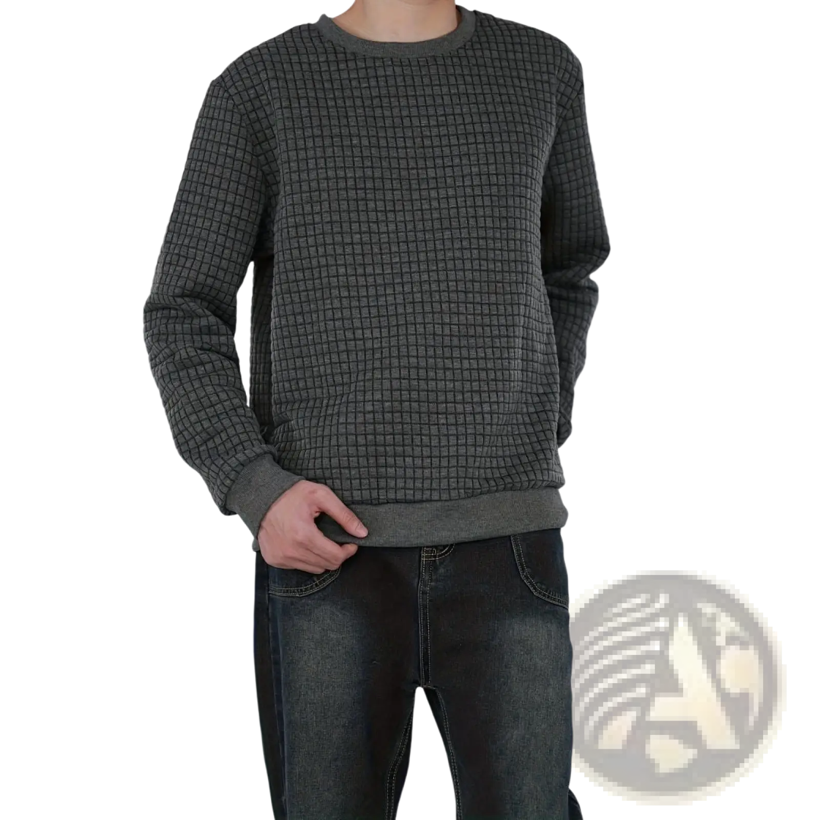 Premium jacquard knit round neck sweater for men and women in dark gray with quilted grid pattern and ribbed cuffs